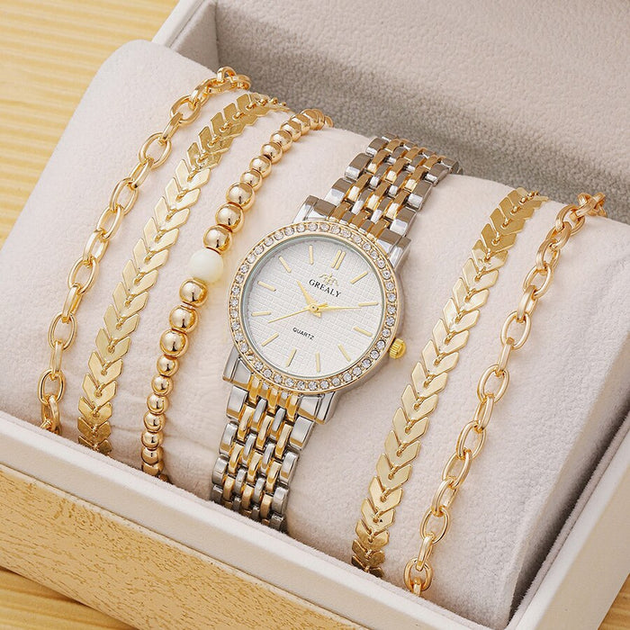 6Pcs Dainty Quartz Watches Simple Bracelet Women Leisure Casual Round Pointer Rhinestone Dial Watch Wheat Bracelet Set