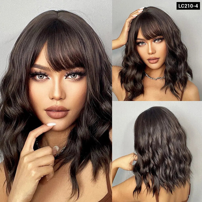 Dark Brown Wavy Bob Wig With Bangs