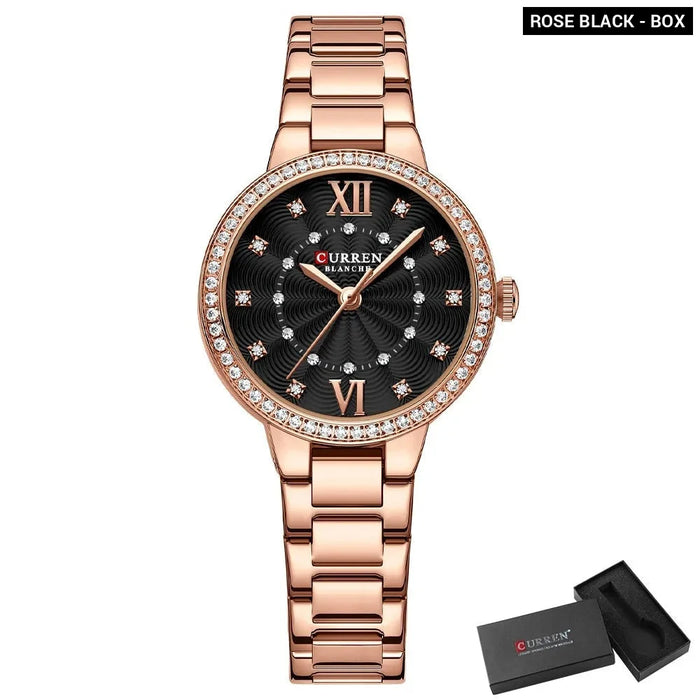 Quartz Wristwatches For Women Rhinestones Rose Dial Fashion Watches With Stainless Steel