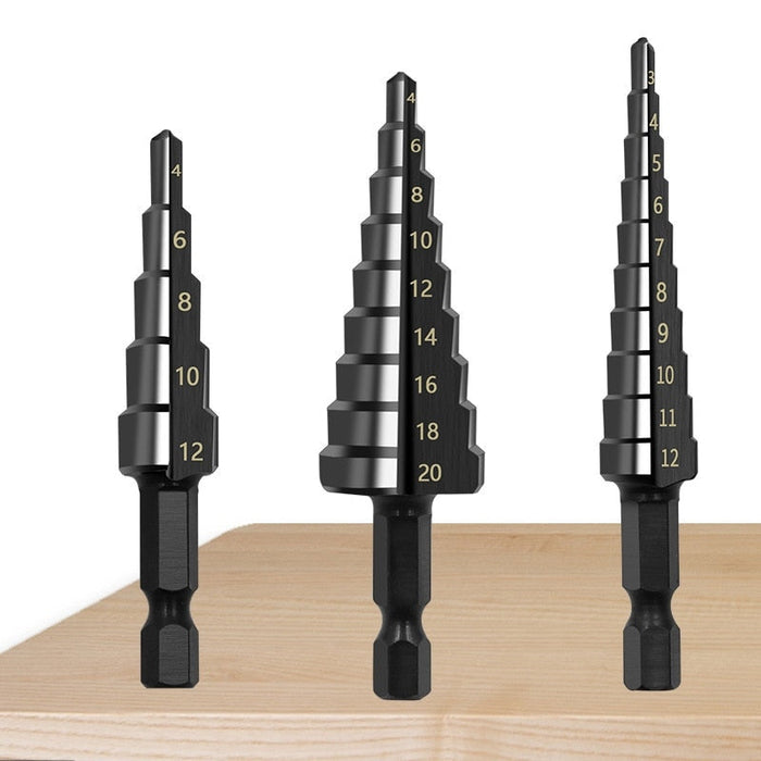 3PCS Hss Steel Titanium Coated Step Drill Bits 3 12mm 4 12mm 4 20mm Step Cone Cutting Tools Steel Wood Metal Drilling Power Set