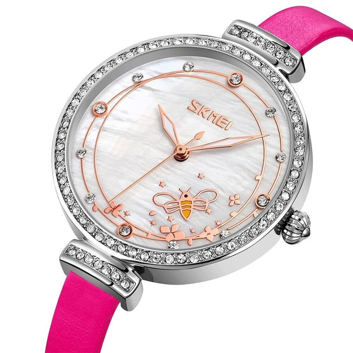 Women's PU Band Leather Analog Display Quartz 3ATM 30M Water Resistant Diamond Studded Wristwatch