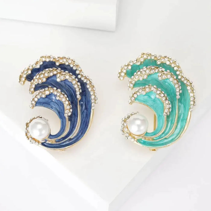 Ocean Blue Green Enamel Sea Wave Brooch For Women Luxury Pearled Lapel Pin With Hollow Out Design