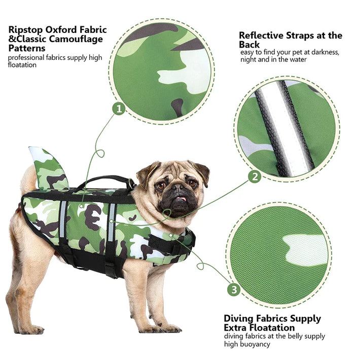 High Buoyancy Dog Life Jacket Shark Camo Pet Safety Vest With Rescue Handle And Leash Ring