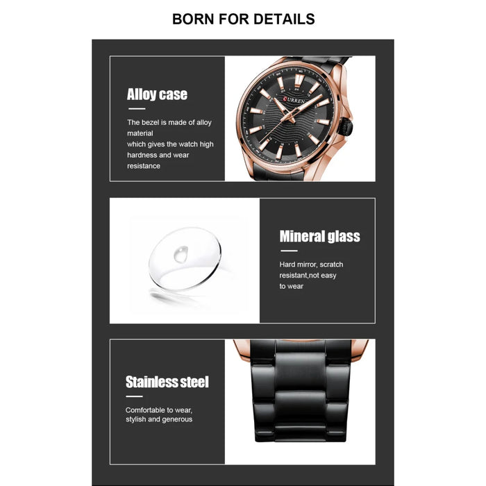 Casual Business Quartz Watches For Man Stainless Steel Band Black Wristwatches With 44 Mm Dial Luminous Hands