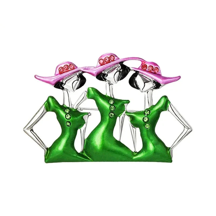 Womens Fashion Brooch 3 Lady Enamel Pin With Pink Hats And Green Dresses Luxury