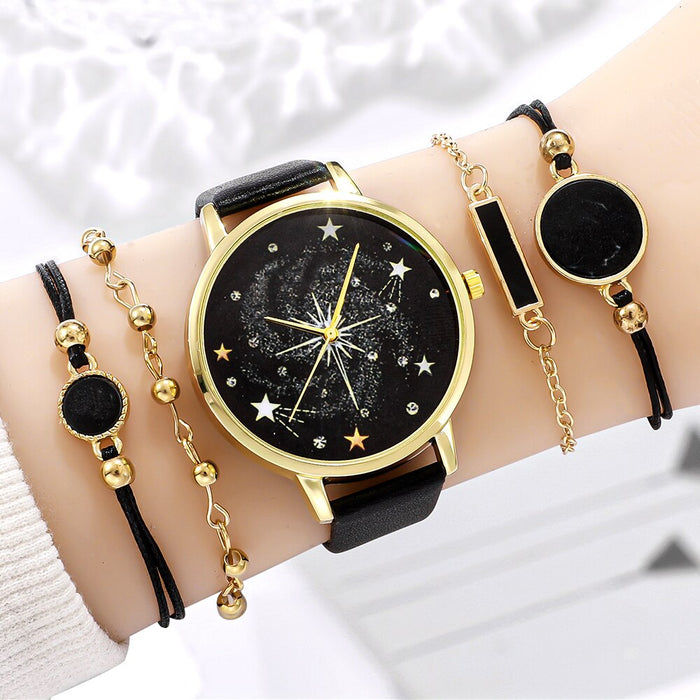 5Pcs Set Women Fashion Watch Casual Leather Belt Watches Ladies Starry Sky Dial Quartz Wristwatches Dress Clock