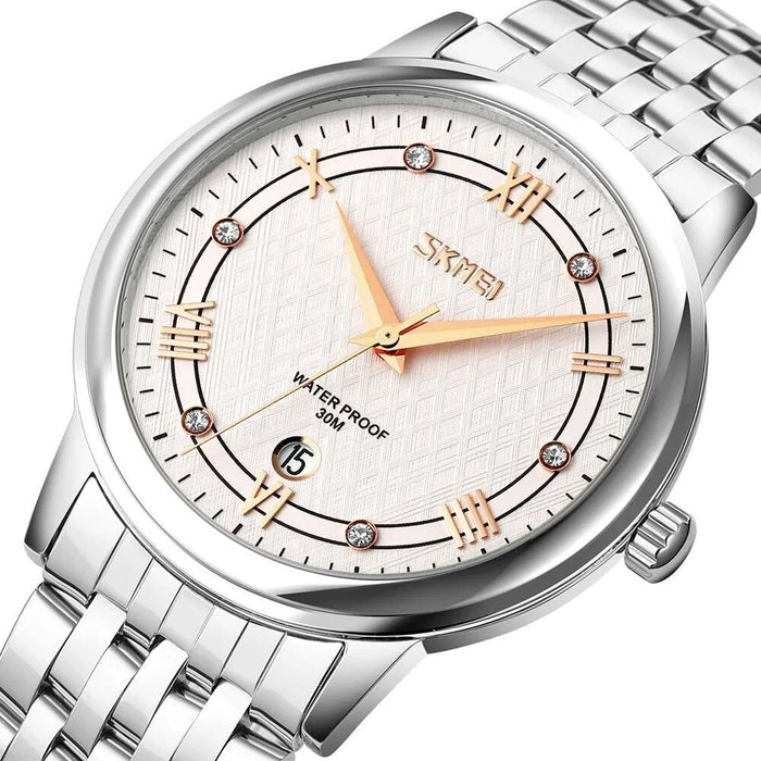 Men's Women's Stainless Steel Band Analog Calendar Display Quartz 3ATM 30M Water Resistant Wristwatch