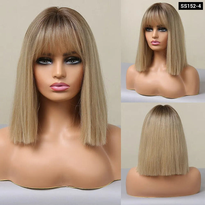 Brown Blonde Ombre Short Bob Wig With Bangs