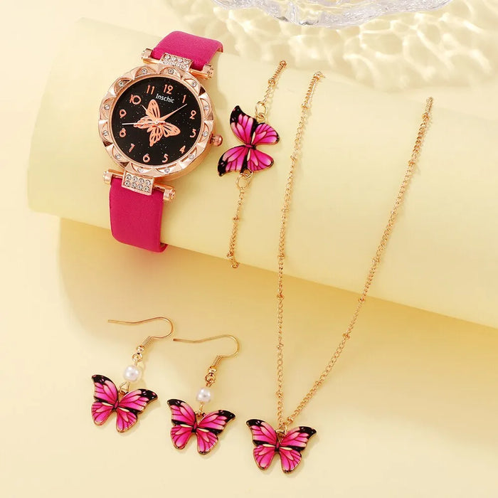 5Pcs Set Womens Fashion Quartz Watch Female Clock Rose Red Butterfly Luxury Brand Design Women Watches Simple Ladies Wrist Watch