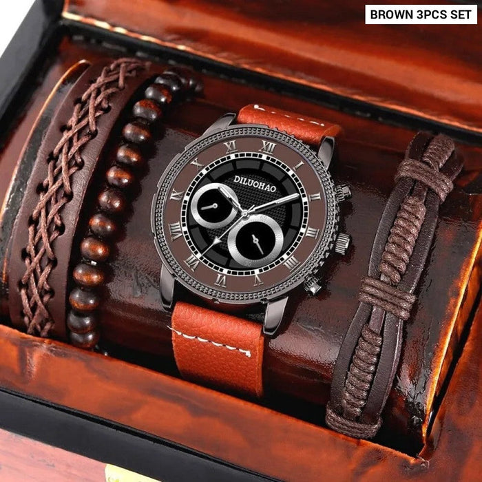 4PCS Set Fashion Mens Bracelet Watches For Men Military Retro Big Dial Quartz Wrist Watch Male Casual Brown Leather Strap Watch