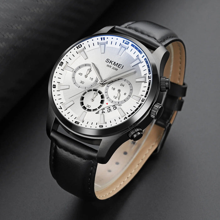 Men's Sports PU Band Leather Analog Display Quartz 3ATM 30M Water Resistant Wristwatch