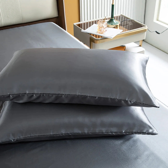 4 Piece Silky Grey Rayon Satin Fitted Sheet Set