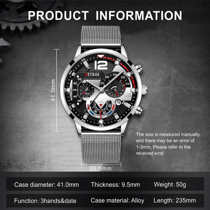 3PCS Set Fashion Mens Calendar Watches Men Business Steel Mesh Belt Quartz Watch Male Casual Necklace Bracelet Wristwatch