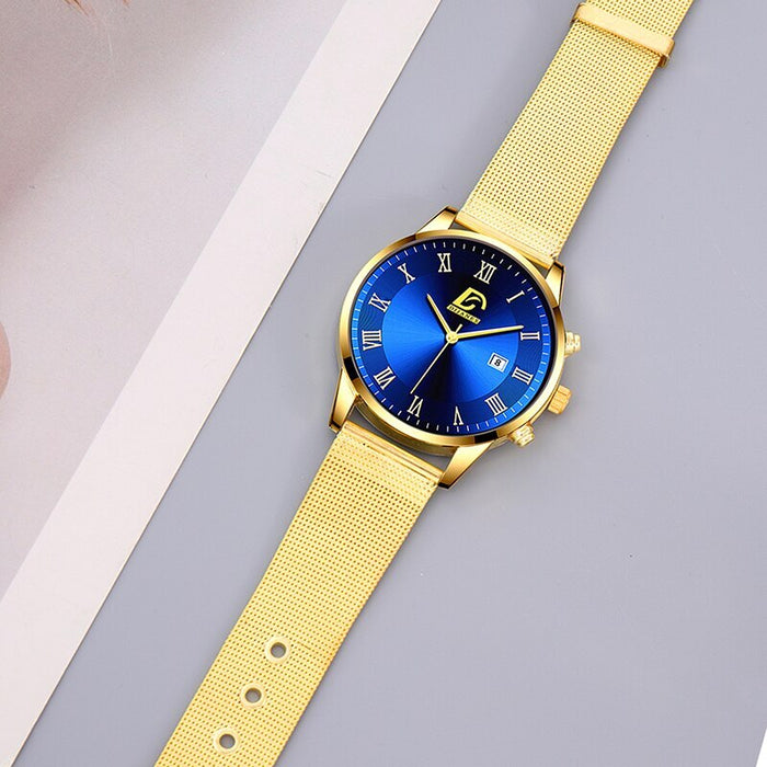 2PCS Set Fashion Mens Calendar Watches Luxury Men Business Gold Stainless Steel Mesh Belt Quartz Watch