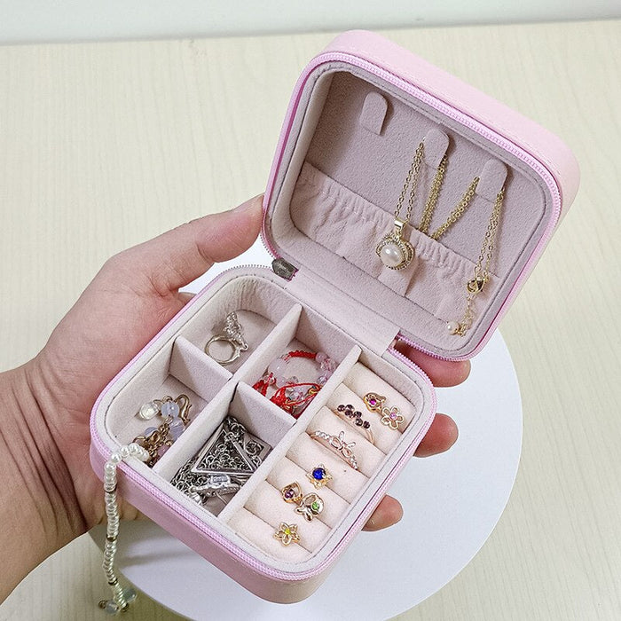 Solid Colour Jewelry Organizer Leather Square Small Round Box Ring Earrings Portable Travel Jewelry Storage Bag