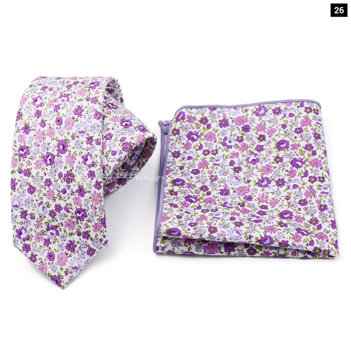 Floral Cotton Ties And Pocket Square Set For Business And Weddings