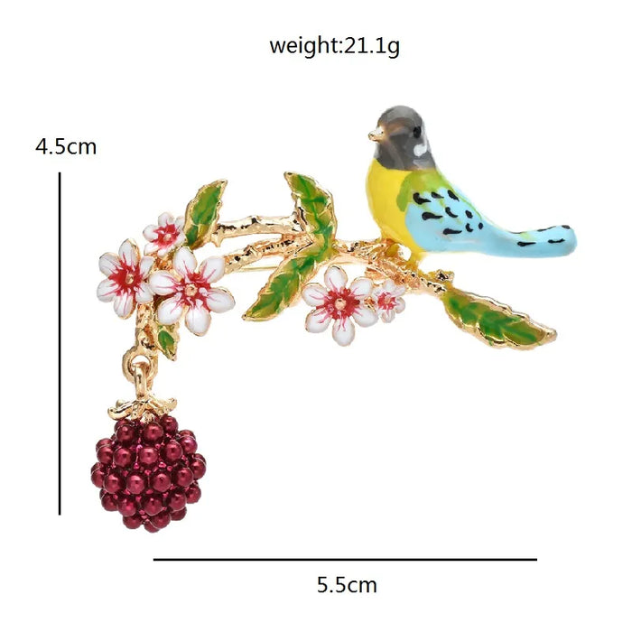 Enamel Fruits Bird Brooch 2 Colour Beauty Bird On Flower Branch Pin