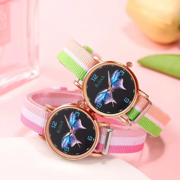 5Pcs Set Fashion Women Watches Ladies Dress Nylon Quartz Watch Womens Butterfly Design Bracelet Wrist Watch