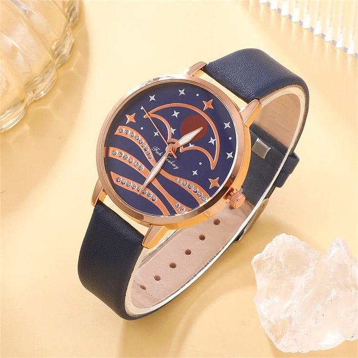 5Pcs Set Women Fashion Quartz Watch Female Clock Moon Dial Luxury Brand Design Women Watches Simple Ladies Watches