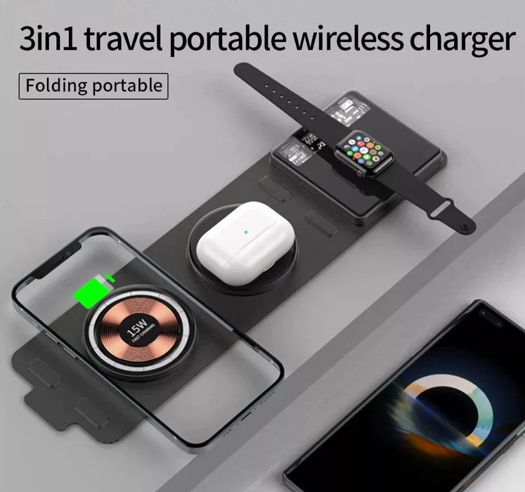 15W 3 In 1 Travel Transparent Foldable Portable Wireless Charger For Iphone 14 Pro Max 13 12 Iwatch8 7/Airpods