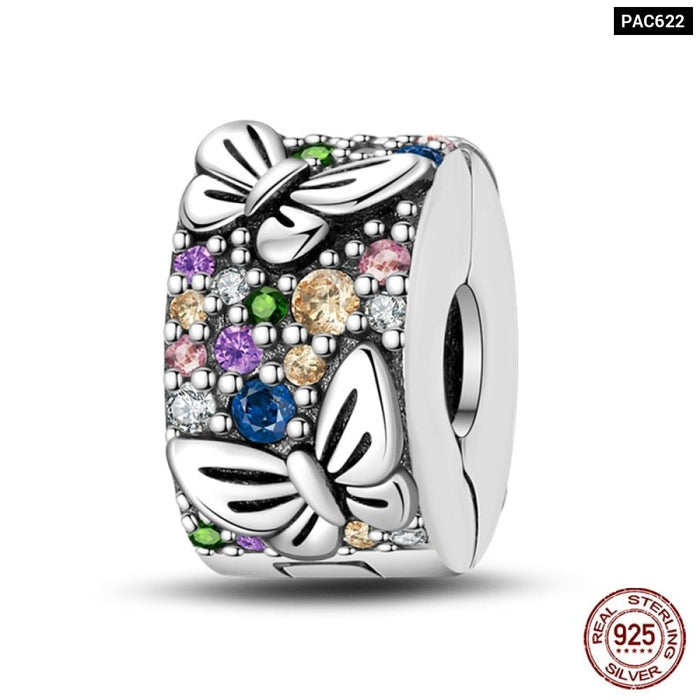 Fit Pandora Original Bracelet 925 Sterling Silver Cats Claw Butterfly Silicone Spacer Beads Colourful Zircon Fine DIY Jewelry