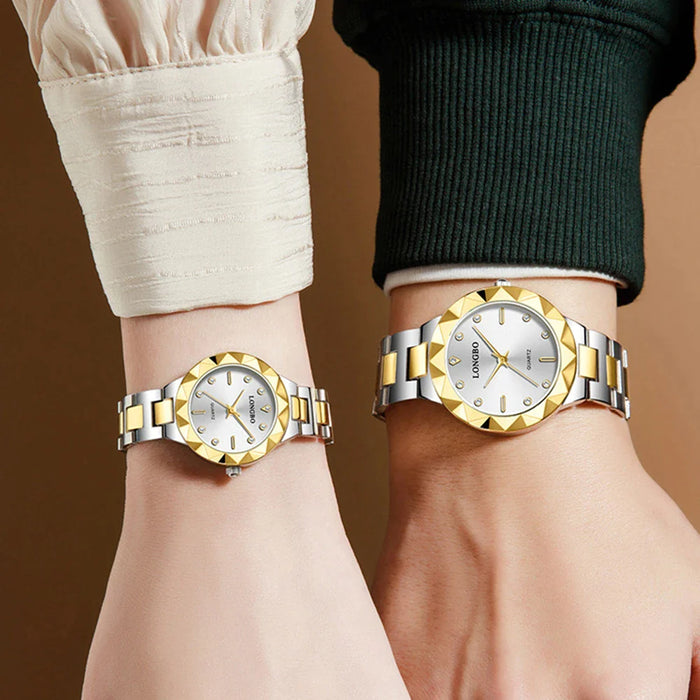 Mens & Womens Rhombus Design Quartz Waterproof Stainless Steel Couple Wrist Watch Set