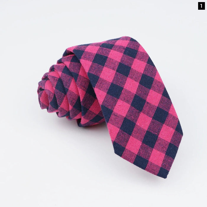 Mens Soft Cotton Striped Plaid Tie Blue Pink Business Wedding Accessory