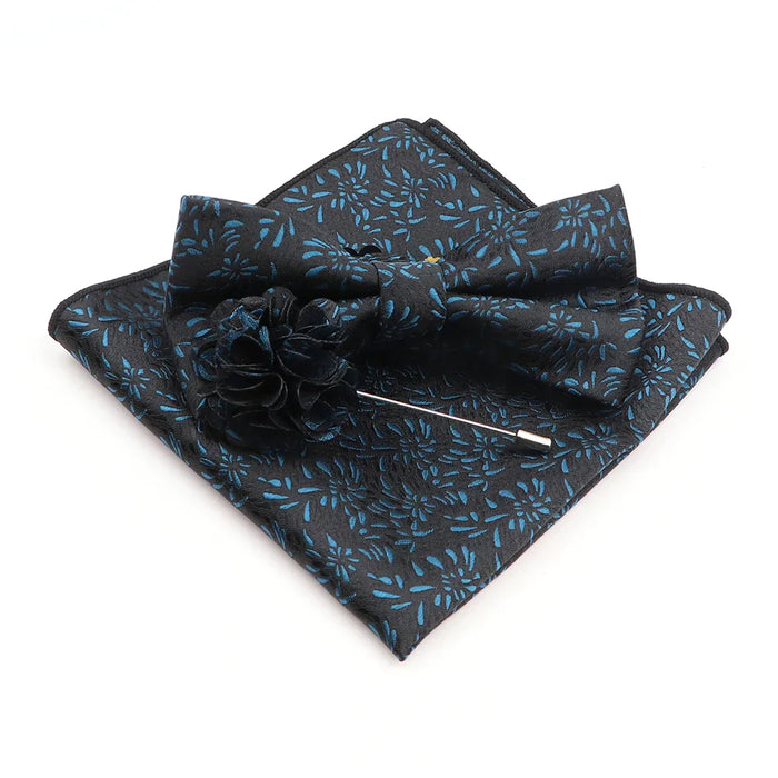 Blue Floral Pocket Square Set Bowtie Cufflink Brooch For Weddings