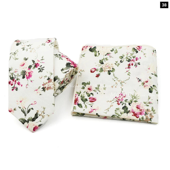 Floral Cotton Ties And Pocket Square Set For Business And Weddings