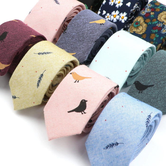 Handmade 6Cm Mens Ties Classic Cotton Necktie For Weddings And Casual Wear Bird And Flower Print Gift