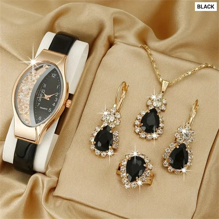 5Pcs Set Watches Women Leather Band Ladies Watch Simple Casual Womens Analog Wristwatch Bracelet