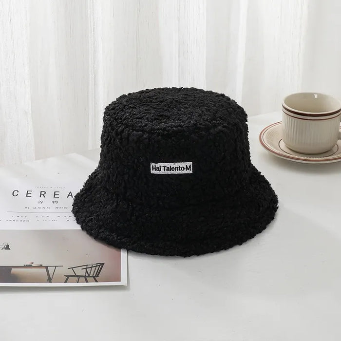 Kids Winter Bucket Hat Cute Lamb Wool Fisherman Hat For Boys And Girls Solid Flat Top Design Thick And Warm Sun Cap For Outdoor Activities