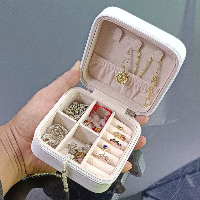 Solid Colour Jewelry Organizer Leather Square Small Round Box Ring Earrings Portable Travel Jewelry Storage Bag