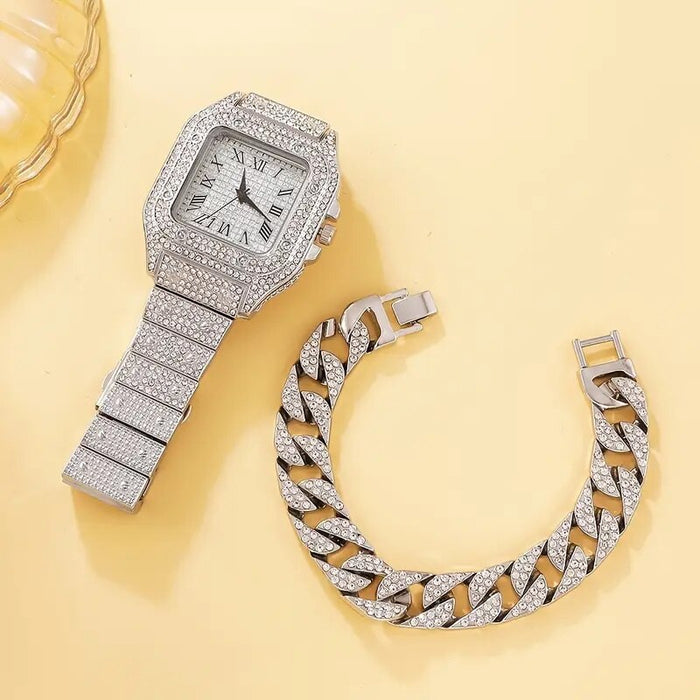 2Pcs Set Diamond Women Watches Gold Watch Ladies Wrist Watches Luxury Brand Rhinestone Womens Bracelet Watches