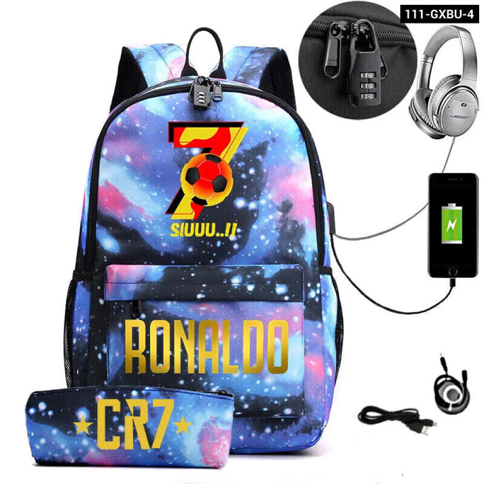 Ronaldo Printed Backpack With Usb And Lock 2 Piece Set