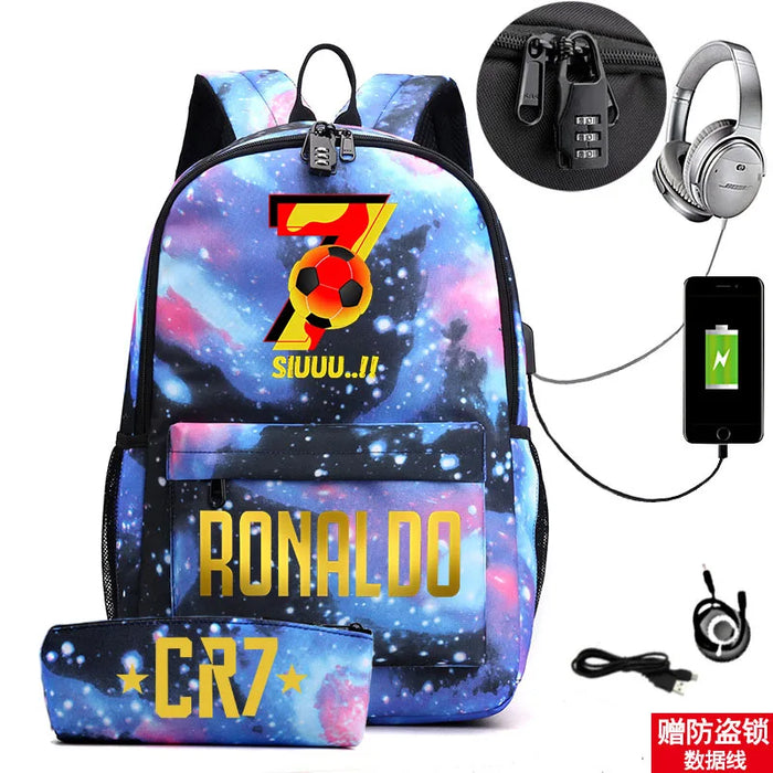 Ronaldo Printed Backpack With Usb And Lock 2 Piece Set