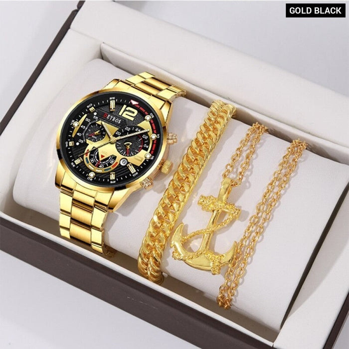 3PCS Set Fashion Mens Business Watches Male Casual Stainless Steel Quartz Wristwatch Men Gold