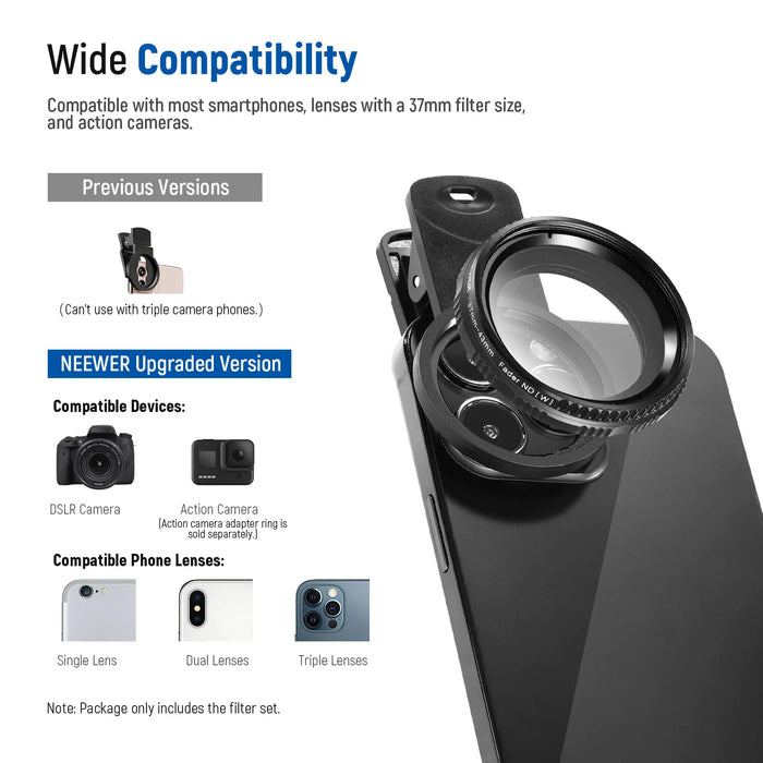 Adjustable Nd2 Nd400 Phone Camera Lens Filter Kit 37Mm Clip On With Phone Clip