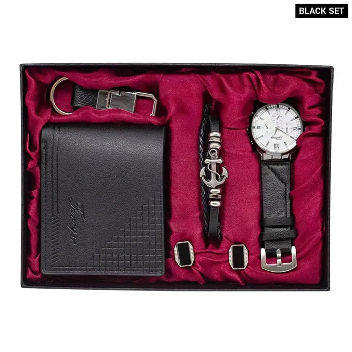 Mens Quartz Wrist Watch Brown Black Leather Wallet Keychain Cufflinks Bracelet 5Pcs Set