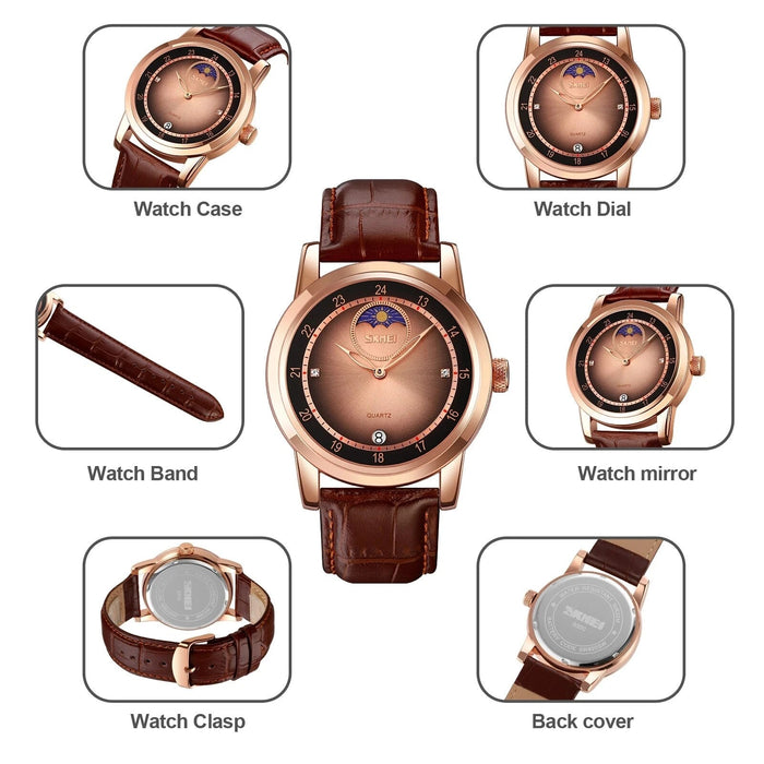 Men's PU Band Leather Analog Display Quartz 3ATM 30M Water Resistant Rose Gold Wristwatch