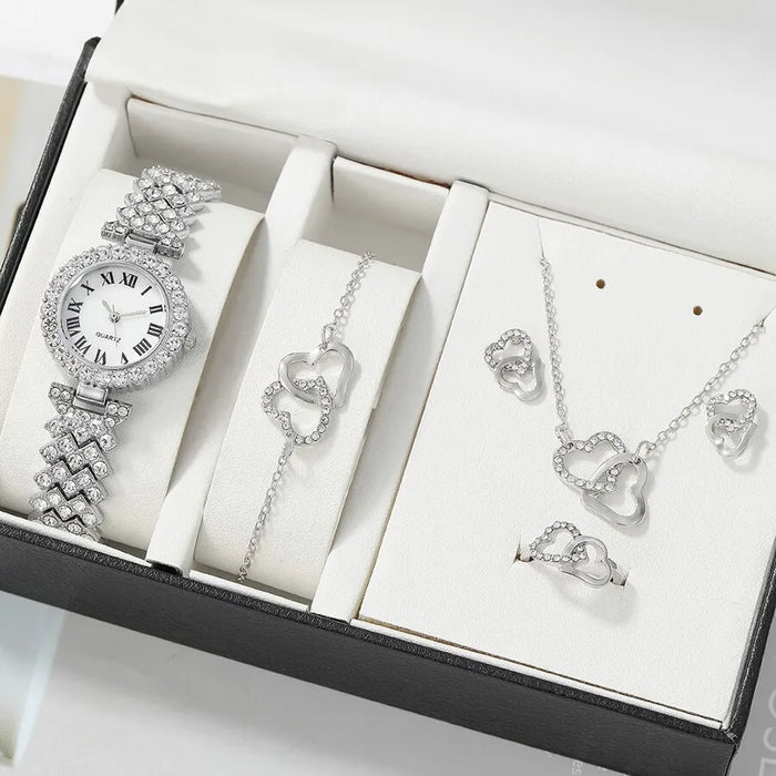 6Pc Dainty Quartz Watch With Heart Jewelry Set For Women Rhinestone Watch Double Heart Necklace Bracelet Earrings Ring Set