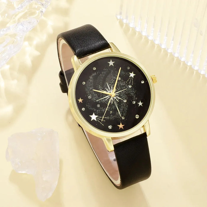 5Pcs Set Women Fashion Watch Casual Leather Belt Watches Ladies Starry Sky Dial Quartz Wristwatches Dress Clock