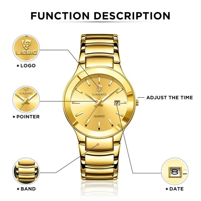 Golden Stainless Steel Quartz Watch Women Men Waterproof Date Wristwatches For Ladies Female Clock