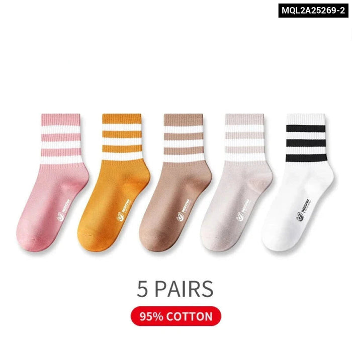 5 Pairs Striped Mid Tube Socks For Women