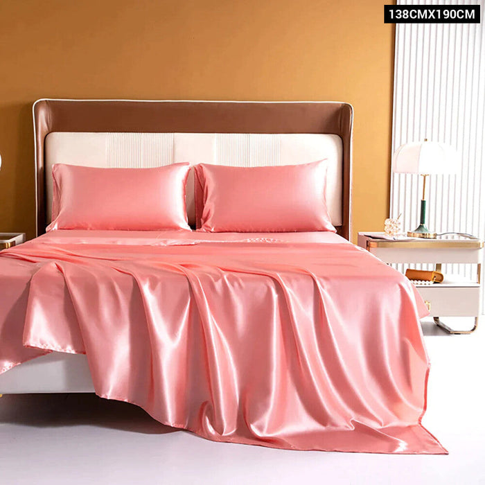 4 Piece Silky Pink Rayon Satin Fitted Sheet Set