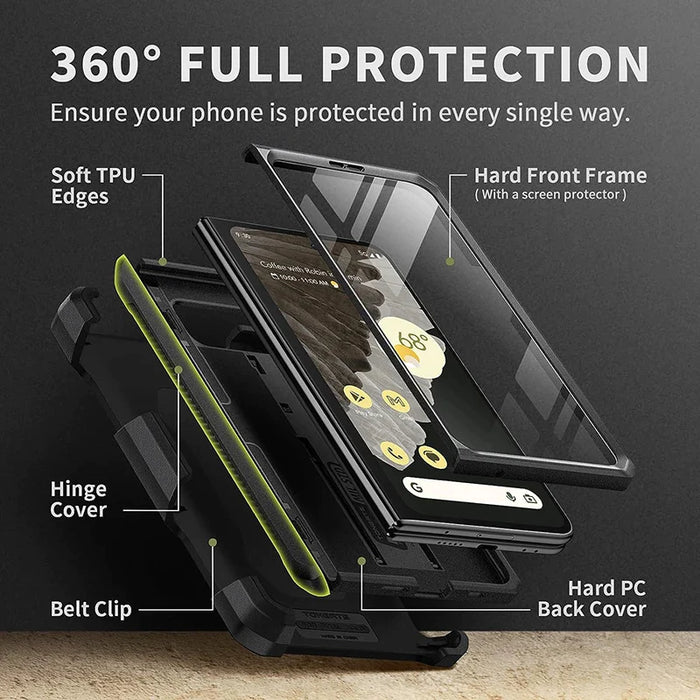 For Google Pixel Fold Military Grade Shockproof Rugged Phone Case With Screen Protector Hinge Protection Kickstand And Belt Clip