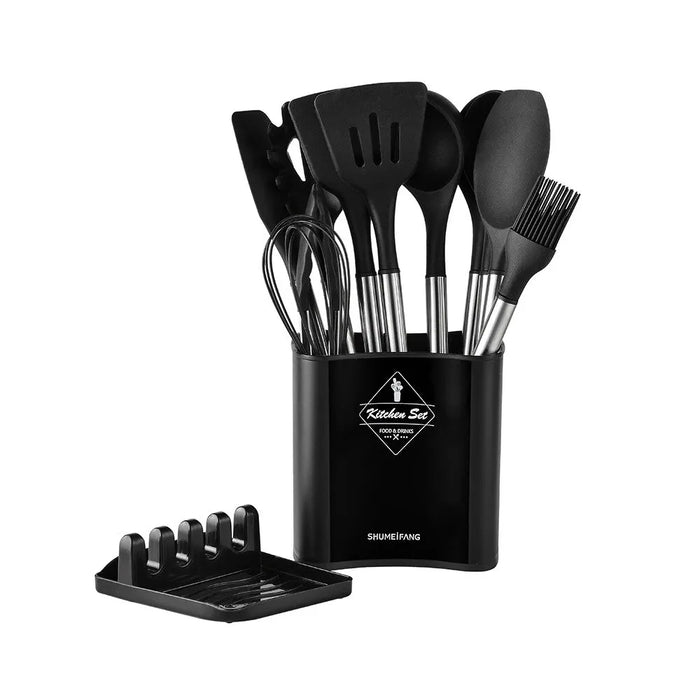 13 Piece Silicone Kitchen Utensil Set With Stainless Steel Handles