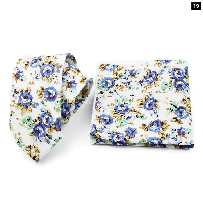 Floral Cotton Ties And Pocket Square Set For Business And Weddings