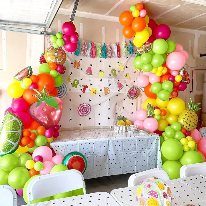 123 Pcs Yellow Pink Tropical Fruit Balloon Set Pineapple Strawberry Shape Aluminum Film Balloon For Birthday Party Etc