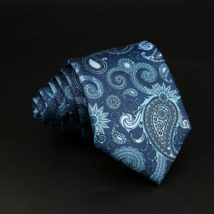 Mens Silk Tie 7.5Cm Blue Paisley Floral For Weddings And Work